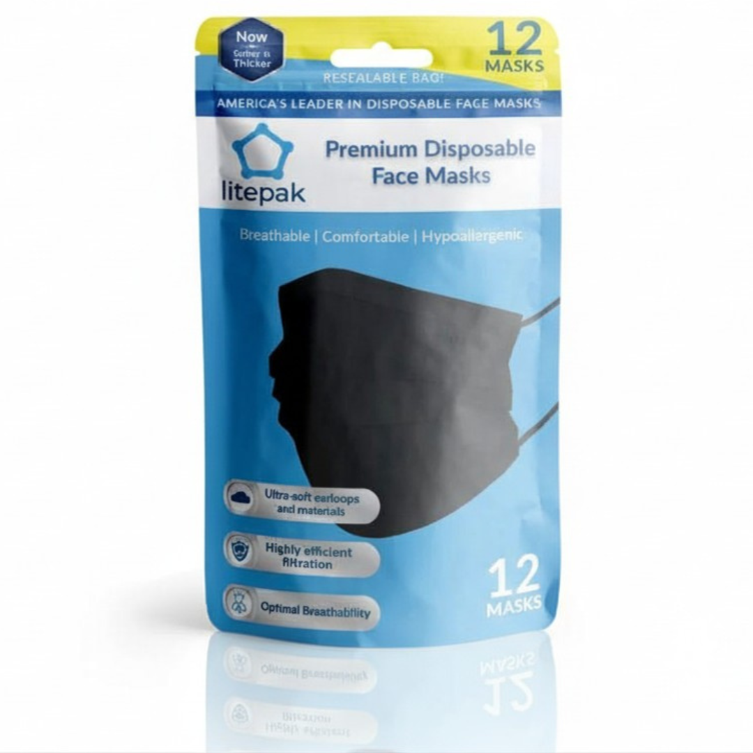 (12-Pack) Litepak Premium Disposable 3-Ply Face Masks in Resealable Bag With Hang Tab