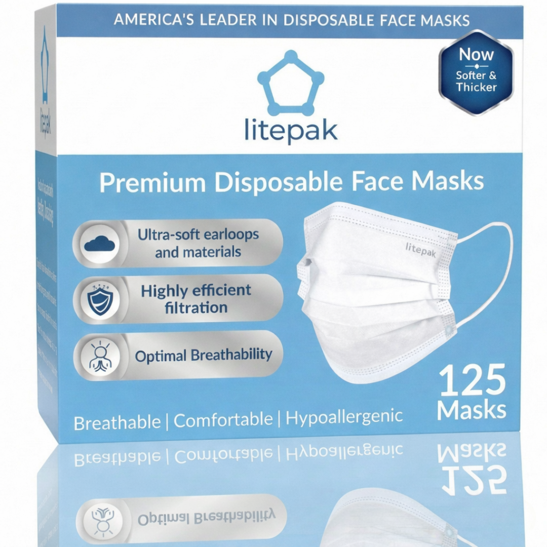 125 Masks- Litepak Premium-Grade Disposable 3-Ply Face Mask