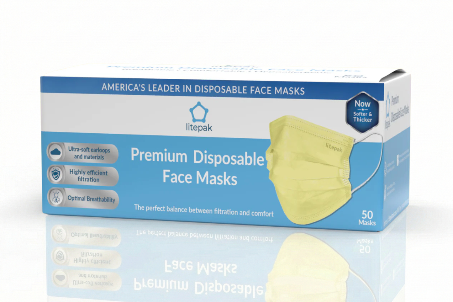 (50-Pack) Litepak Premium Disposable Face Masks 3-Ply, Various Colors
