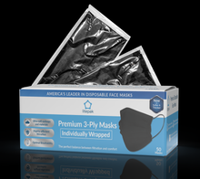 Load image into Gallery viewer, Litepak Premium Disposable Face Masks Black 3-Ply Individually Wrapped