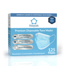 Load image into Gallery viewer, 125 Masks- Litepak Premium-Grade Disposable 3-Ply Face Mask