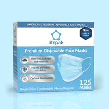 Load image into Gallery viewer, 125 Masks- Litepak Premium-Grade Disposable 3-Ply Face Mask