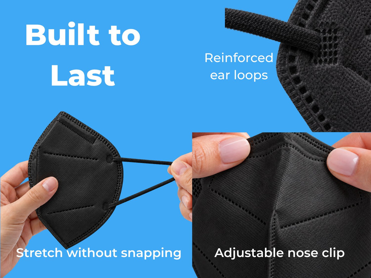 [Black] Close-ups of the ear loops and nose clip on a black KN95 mask