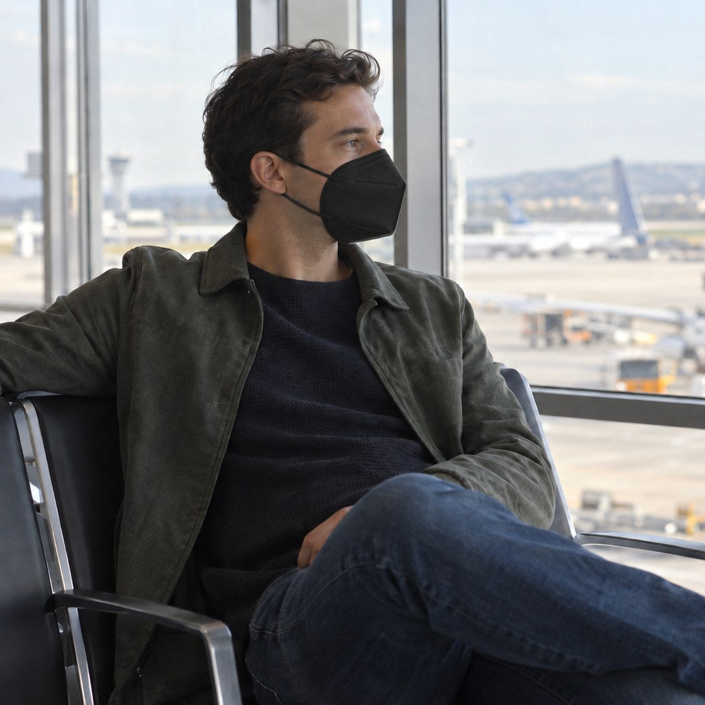 [Black] Traveler at an airport wearing a black KN95 mask