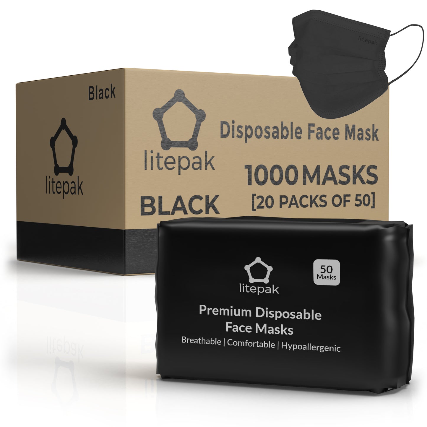 1,000 Litepak Premium Disposable 3-Ply Face Masks (20 Packs of 50)
