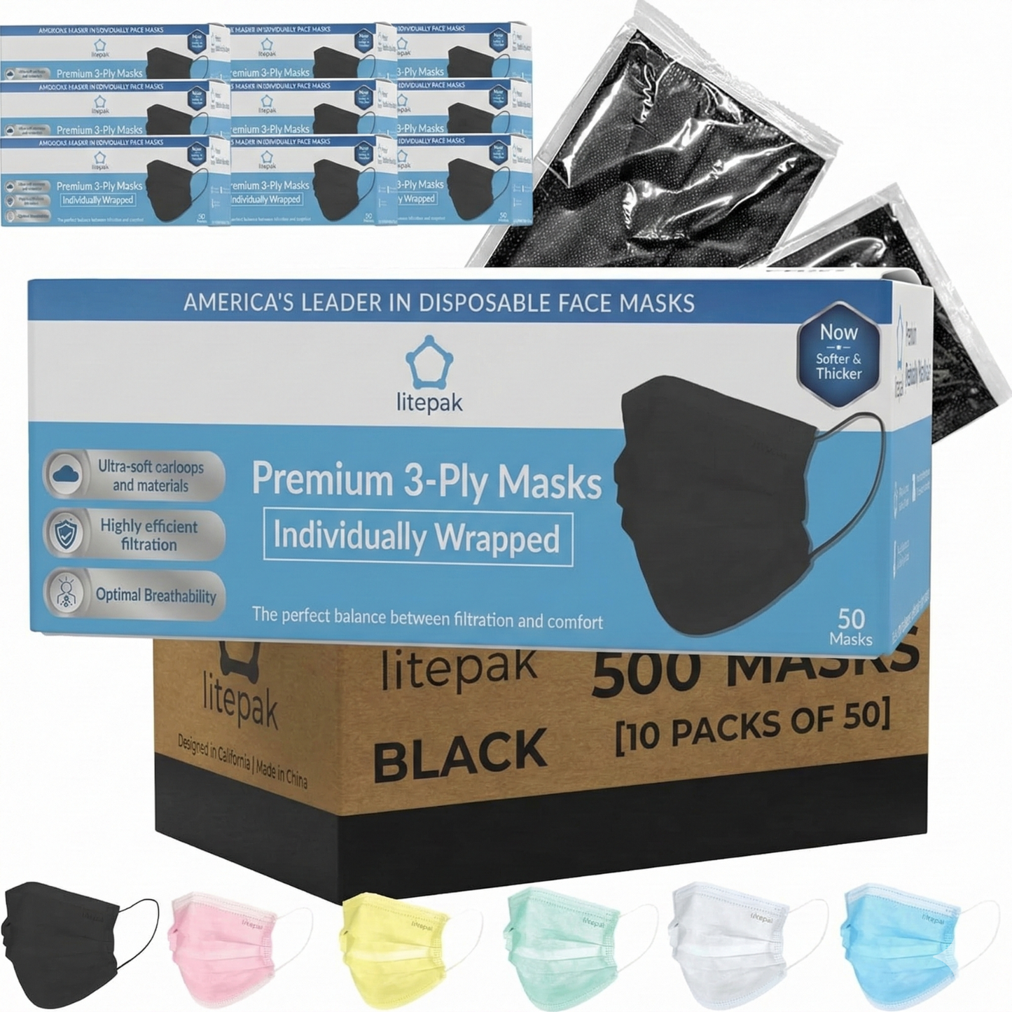 500pcs Litepak Premium Disposable Face Mask Earloop 3-Ply (10 Boxes of 50 Masks)