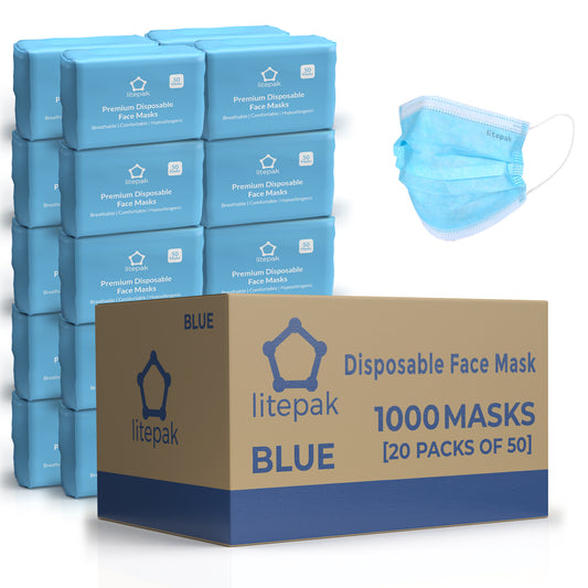 1,000 Litepak Premium Disposable 3-Ply Face Masks (20 Packs of 50)