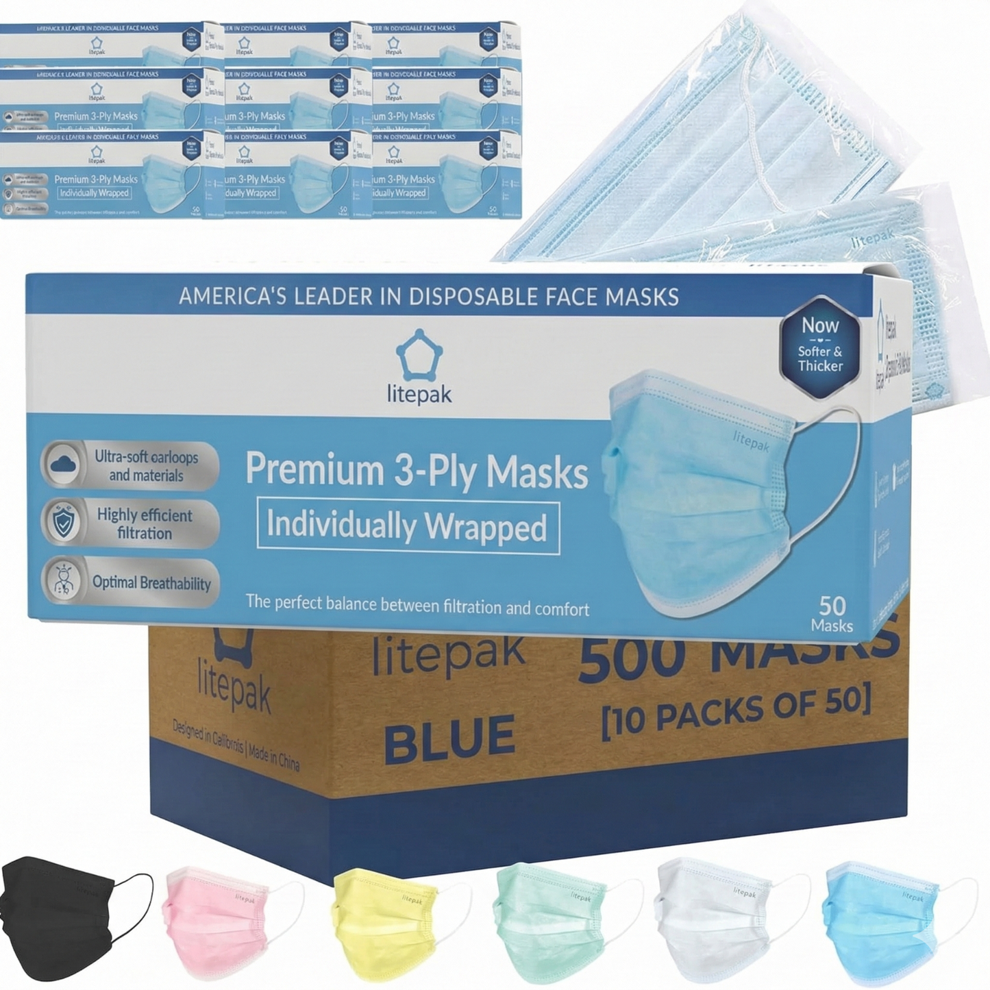 500pcs Litepak Premium Disposable Face Mask Earloop 3-Ply (10 Boxes of 50 Masks)
