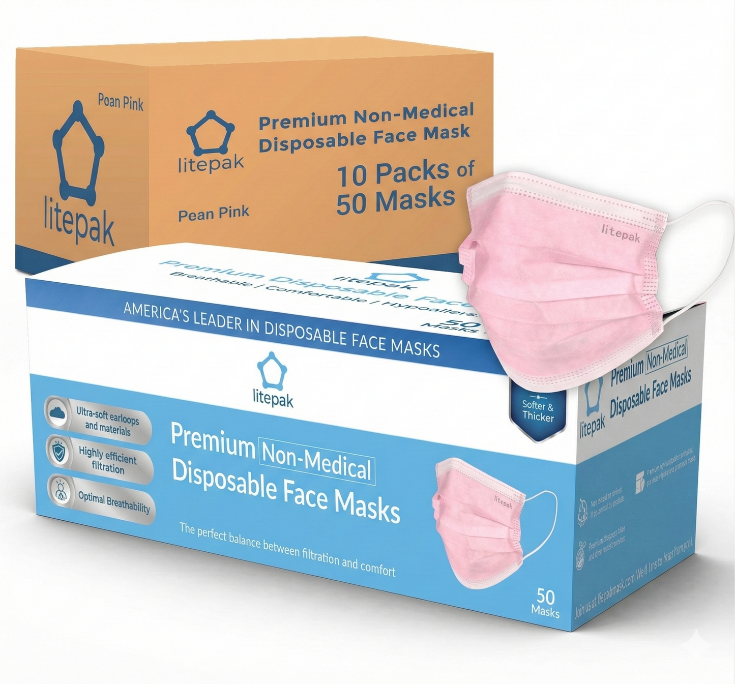 500pcs Litepak Premium Disposable Face Mask Earloop 3-Ply (10 Boxes of 50 Masks)