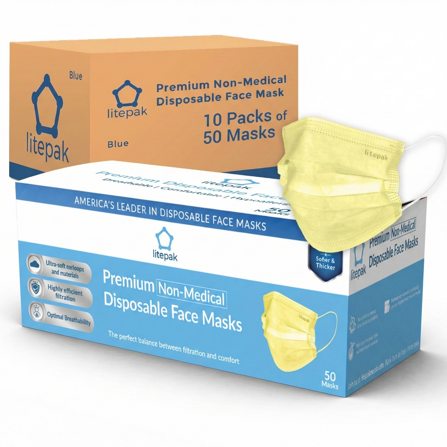 500pcs Litepak Premium Disposable Face Mask Earloop 3-Ply (10 Boxes of 50 Masks)
