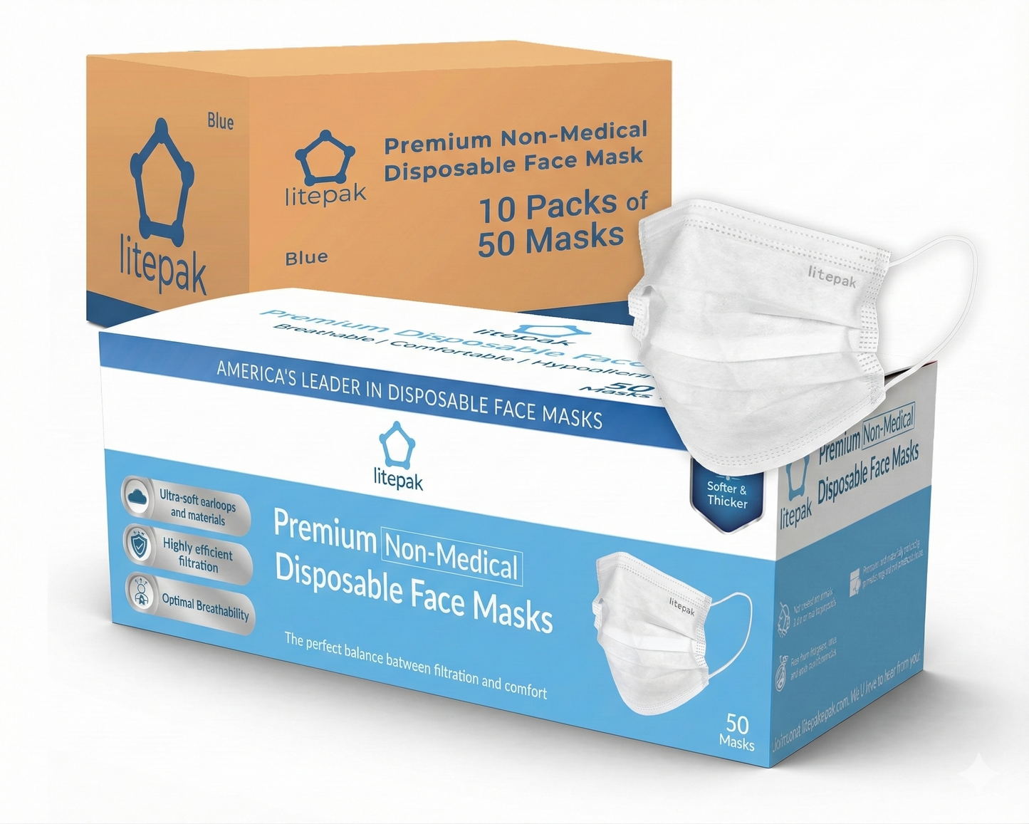 500pcs Litepak Premium Disposable Face Mask Earloop 3-Ply (10 Boxes of 50 Masks)