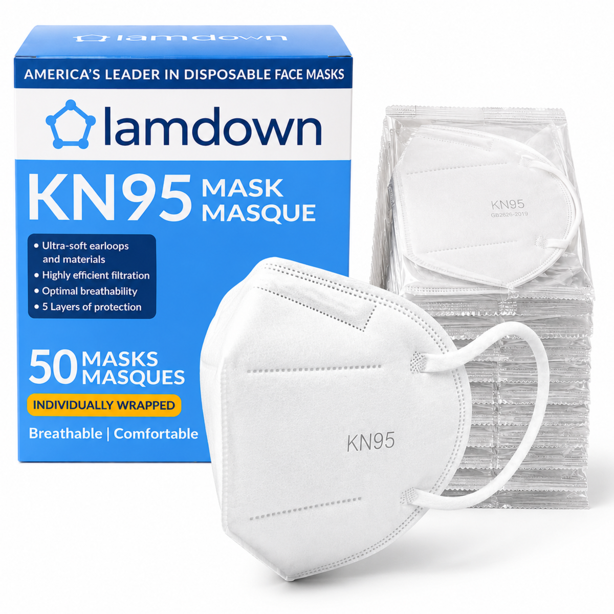 [White] Lamdown KN95 box, 50 individually wrapped white masks