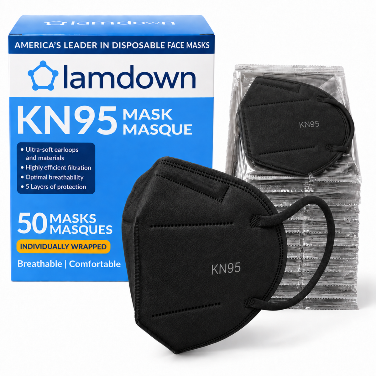 [Black] Lamdown KN95 box, 50 individually wrapped black masks