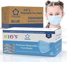 Load image into Gallery viewer, Litepak Kids Mask - Disposable Face Mask For Children - 3 Ply For Boys Girls School Children Toddlers; Blue
