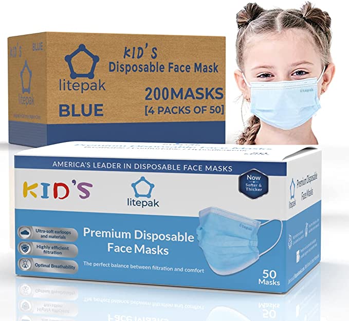 Litepak Kids Mask - Disposable Face Mask For Children - 3 Ply For Boys Girls School Children Toddlers; Blue
