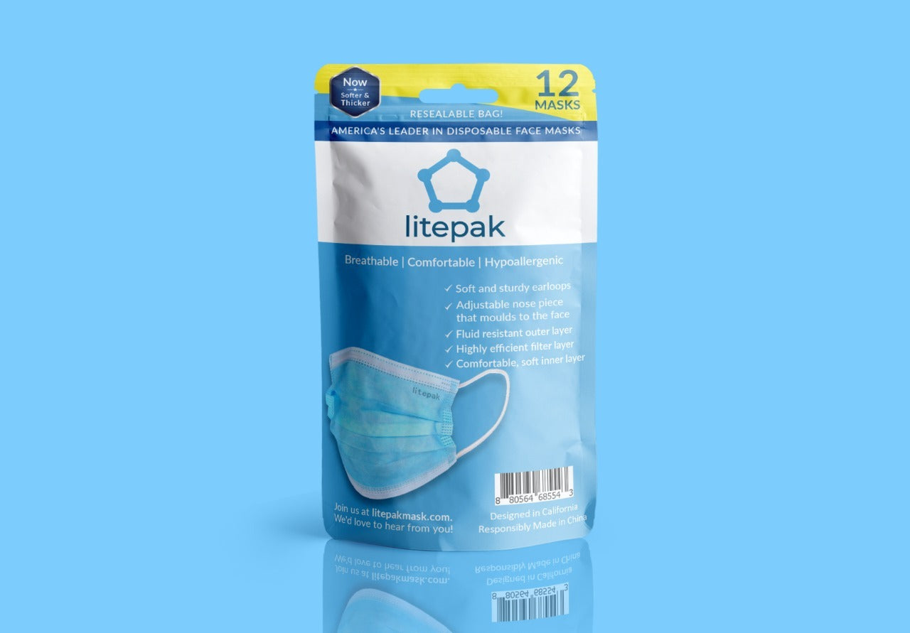 (12-Pack) Litepak Premium Disposable 3-Ply Face Masks in Resealable Bag With Hang Tab
