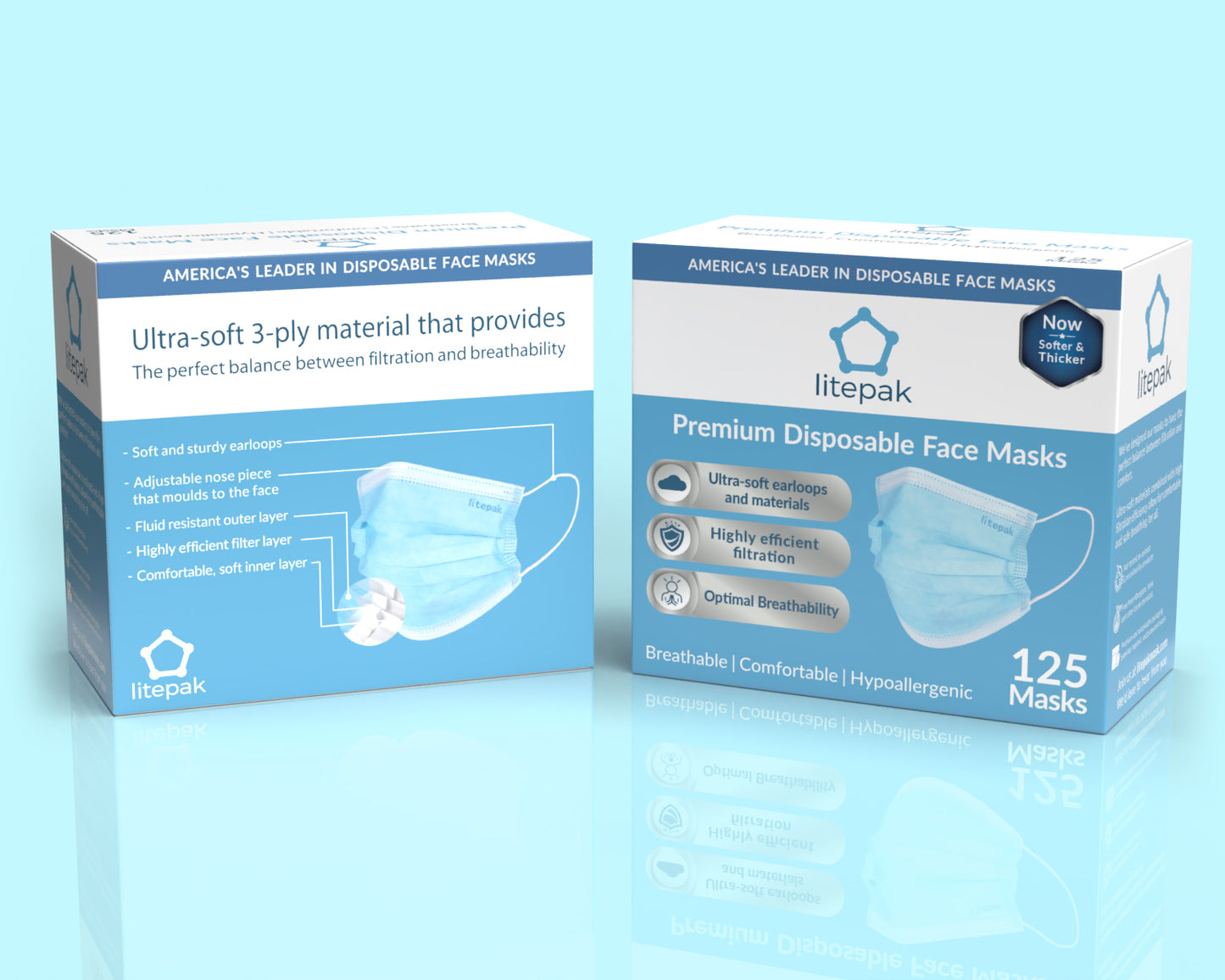 125 Masks- Litepak Premium-Grade Disposable 3-Ply Face Mask