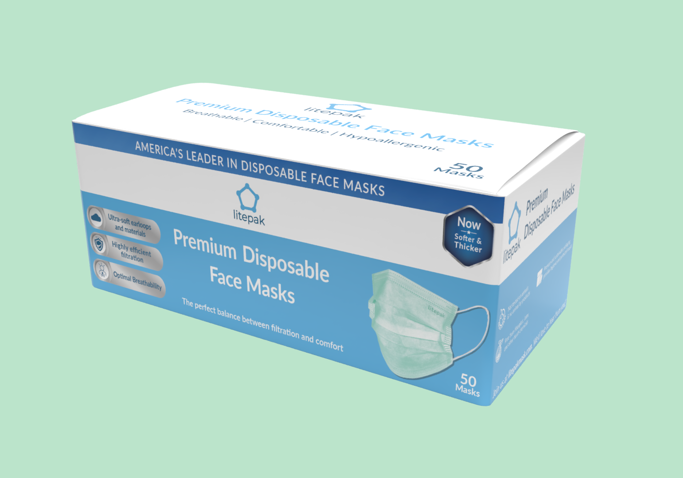 (50-Pack) Litepak Premium Disposable Face Masks 3-Ply, Various Colors