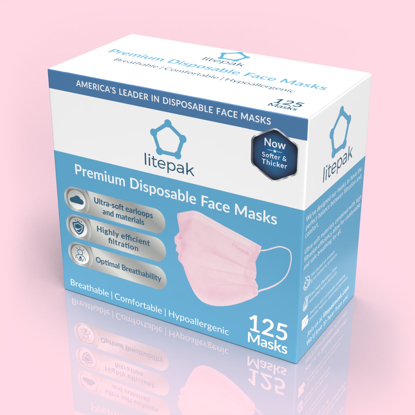 125 Masks- Litepak Premium-Grade Disposable 3-Ply Face Mask