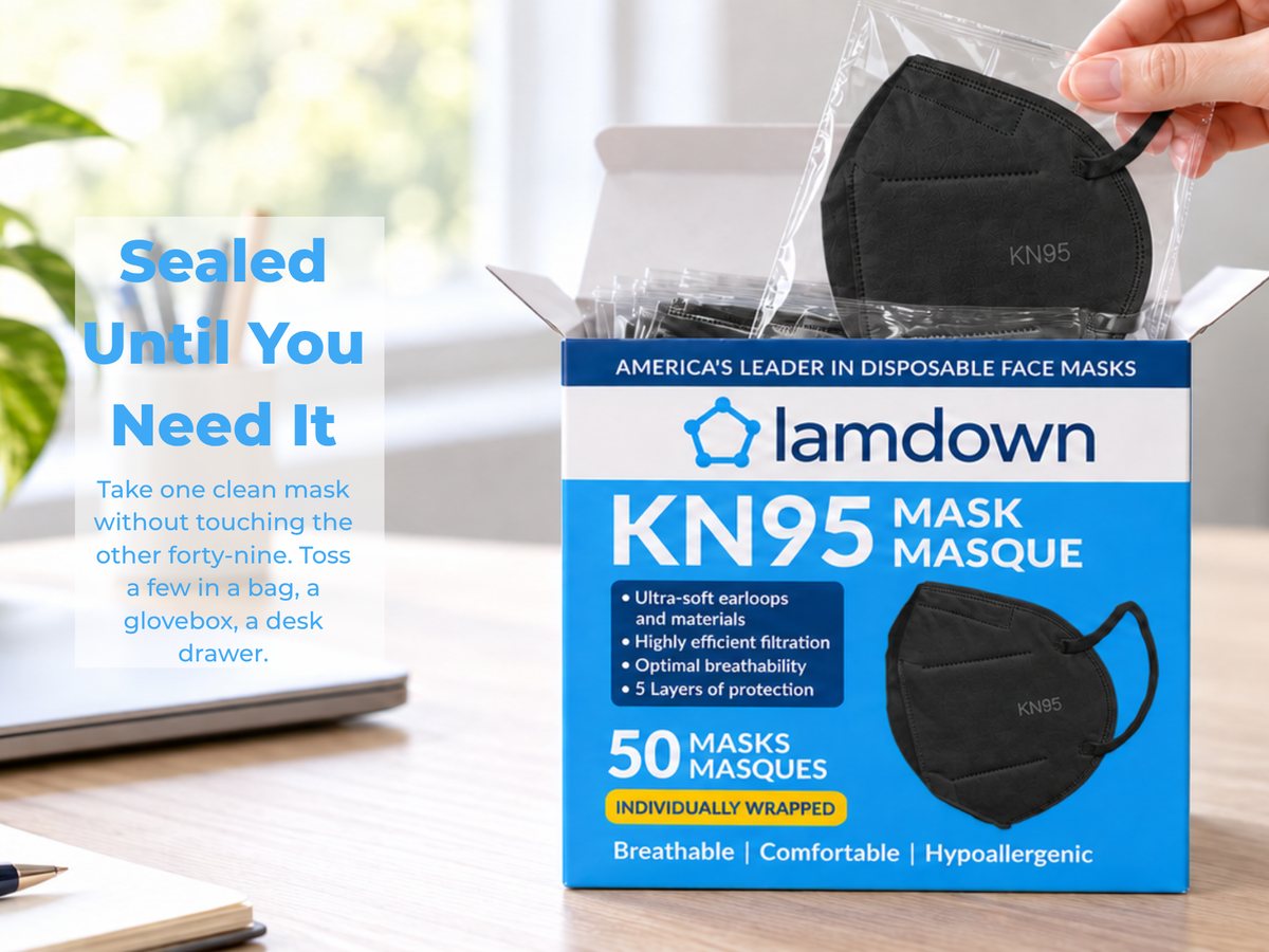 Sealed Until You Need It. A hand pulls an individually wrapped black Lamdown KN95 mask from a 50-mask box on a desk.