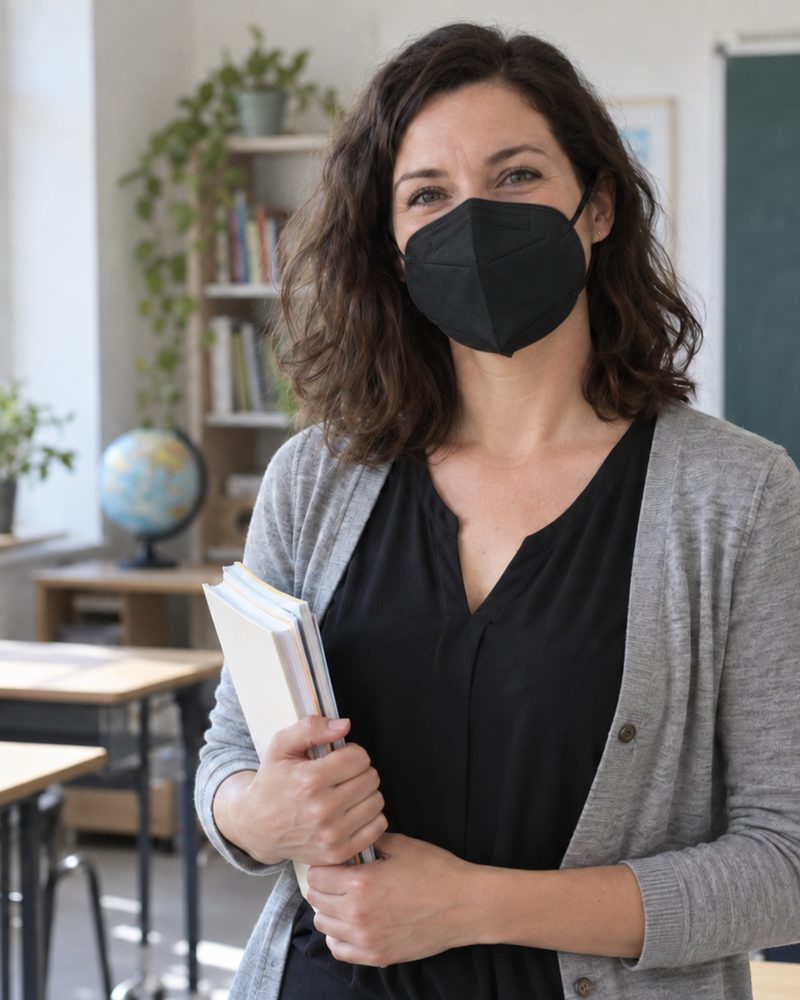 Teacher in a classroom wearing a black KN95 mask