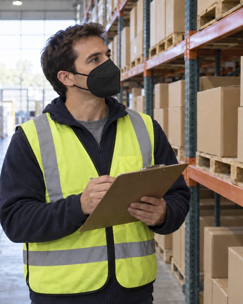 Warehouse worker in a safety vest wearing a black KN95 mask