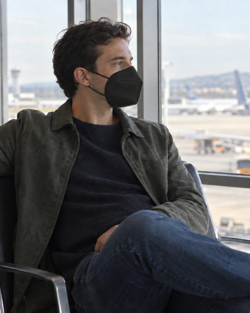 Traveler at an airport gate wearing a black KN95 mask
